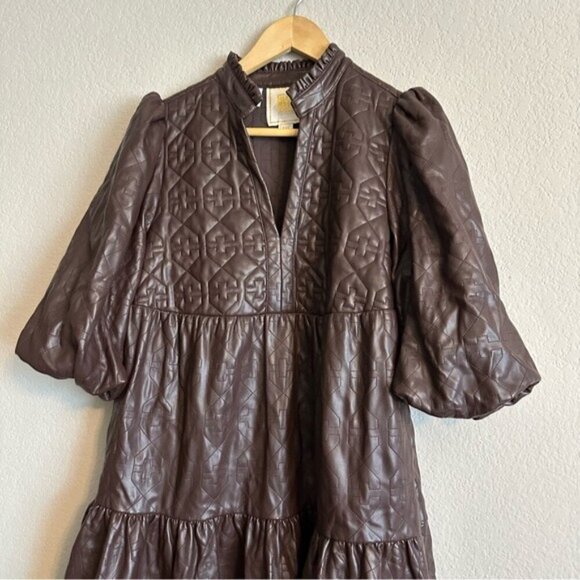 Emily McCarthy XXS Brown FX Leather Puff Sleeve Dress Matrix Steampunk Wet Look - Picture 4 of 16